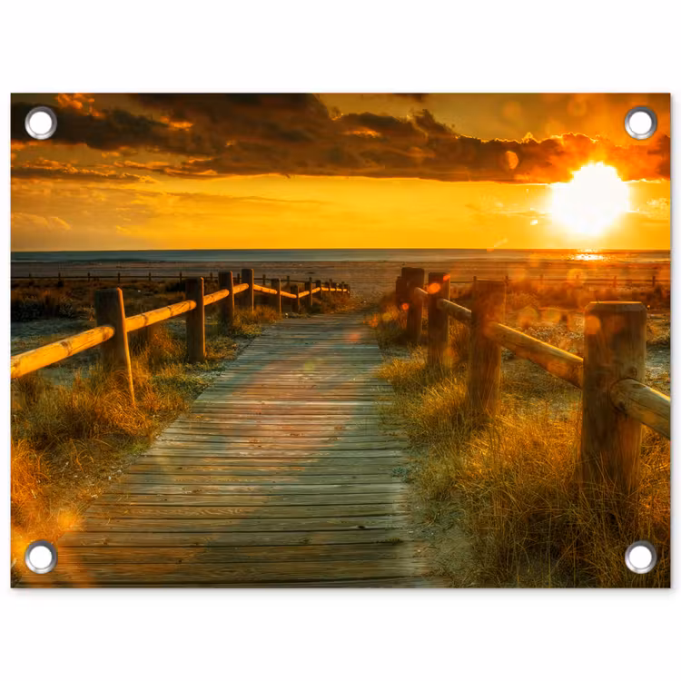 Tuinposter - Zon - Strand - Duin - Horizon - Gras - Pad - Oranje — 1