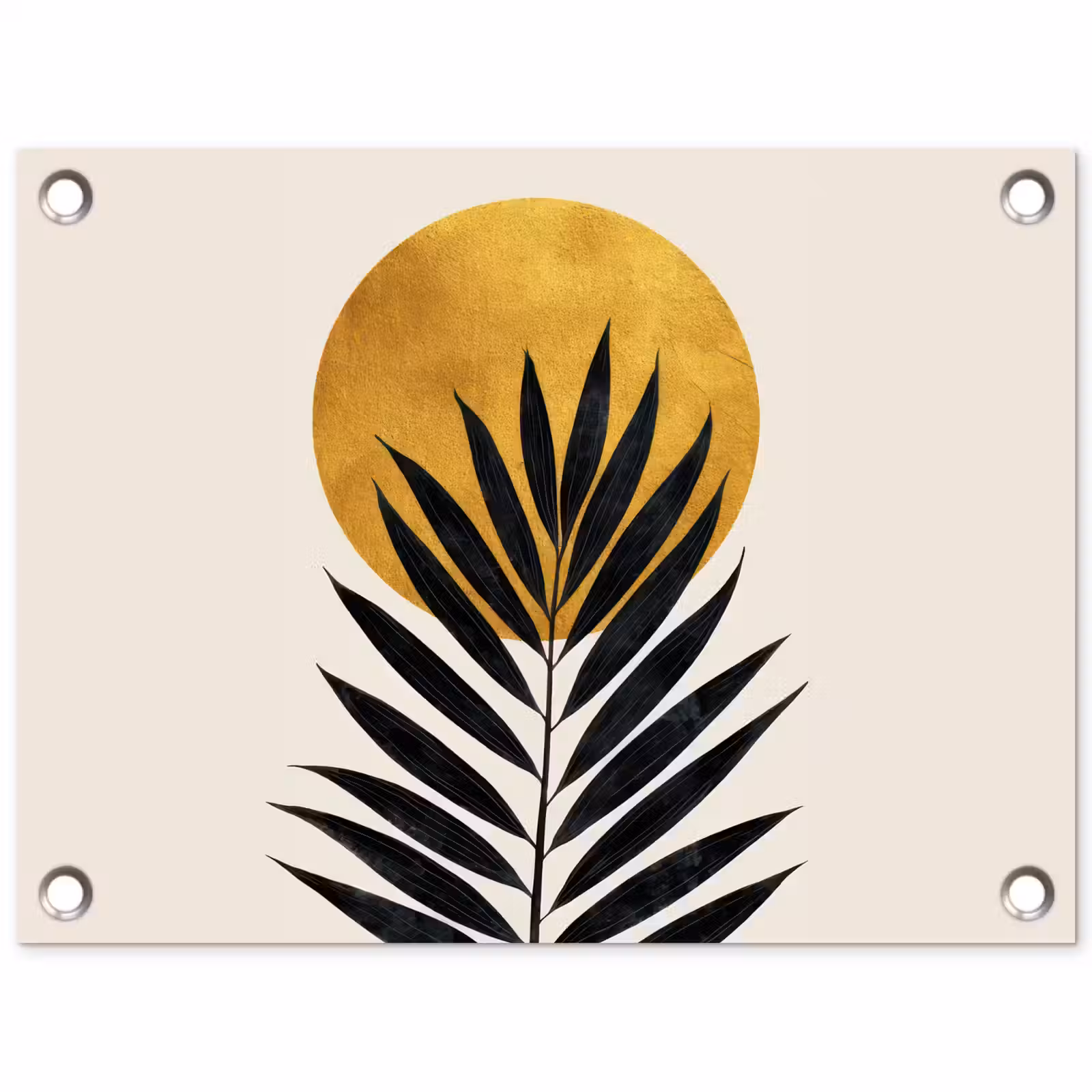 Tuinposter - Zwart palmblad - Gouden cirkel - Beige achtergrond — 1