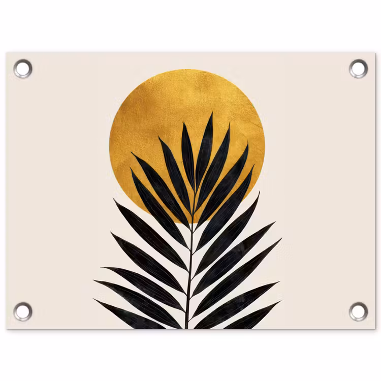 Tuinposter - Zwart palmblad - Gouden cirkel - Beige achtergrond — 1