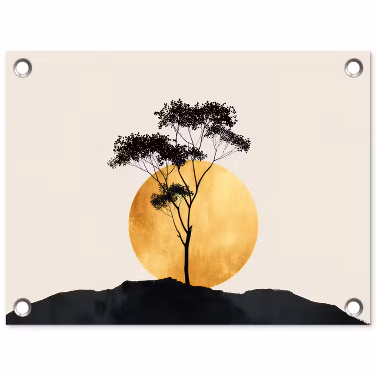 Tuinposter - Zwarte boom - Gouden cirkel - Heuvel — 1