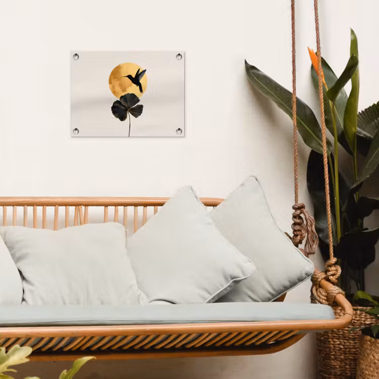 Tuinposter - Zwarte kolibrie - Bloem - Gouden cirkel — 4