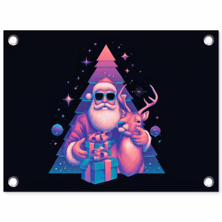 Tuinposter - Retro - Kerstman - Rendieren - Kerstboom — 1