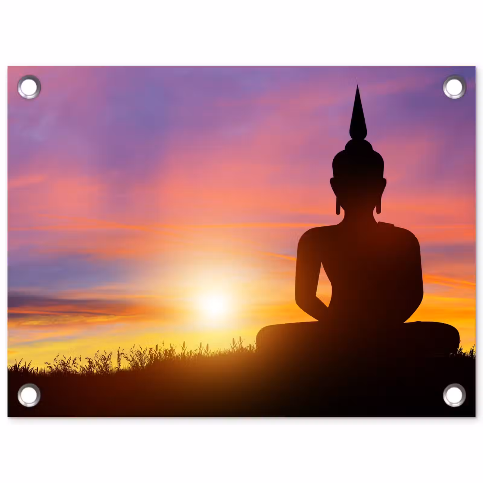 Tuinposter - Zonsondergang - Horizon - Boeddha beeld - Buddha - Silhouette — 1