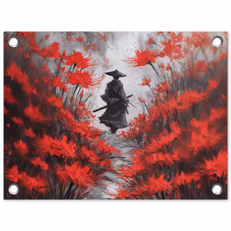 Tuinposter - Rode bloemen - mistig - Man — 1