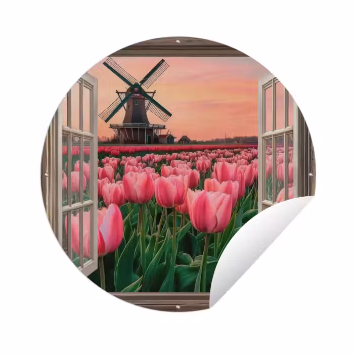 Tuinposter - Doorkijk - Tulpen - Bloemen - Molen - Raam