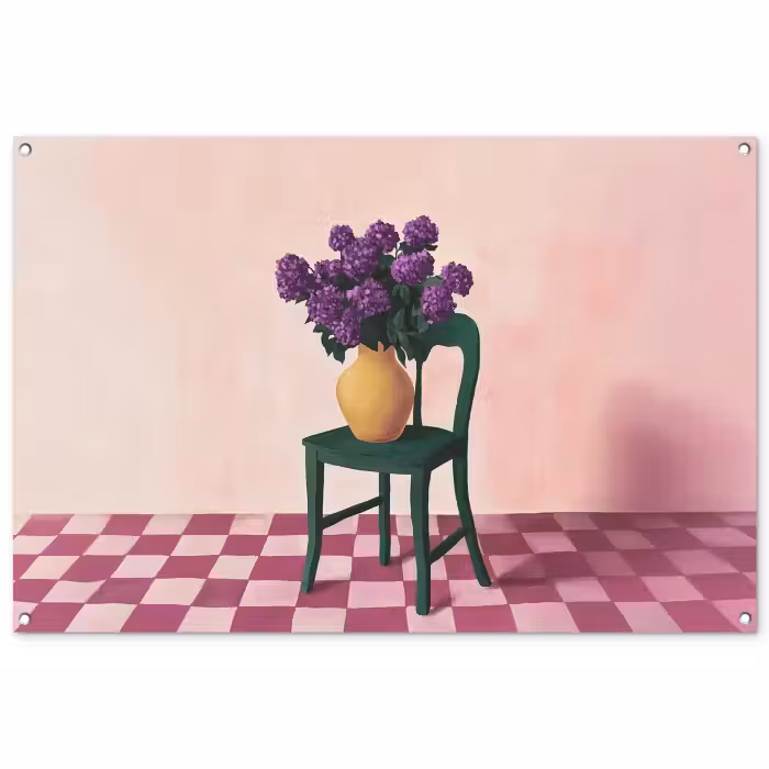 Tuinposter - Stoel - Vaas - Bloemen - Geblokt