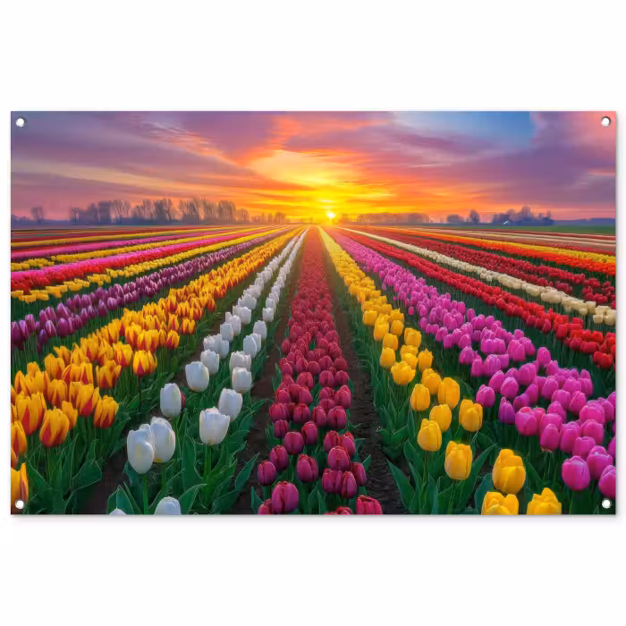 Tuinposter - Tulpenveld - Zonsondergang - Kleurrijk