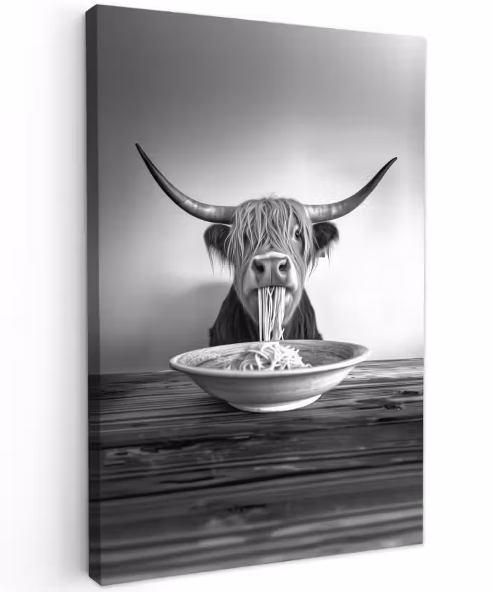 Buiten canvas - Schotse Hooglander - Spaghetti - Dieren - Zwart wit