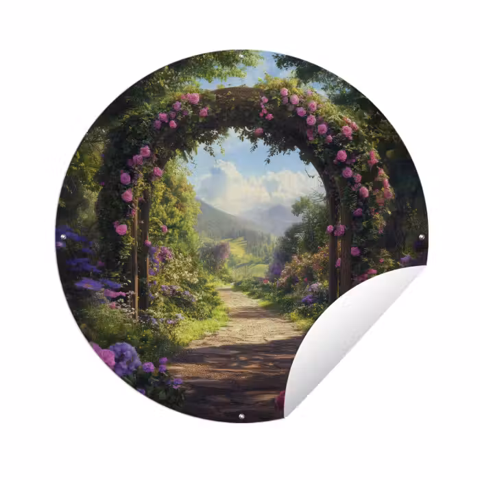 Tuinposter - Doorkijk - Rozenboog - Uitzicht - Landschap - Bloemen