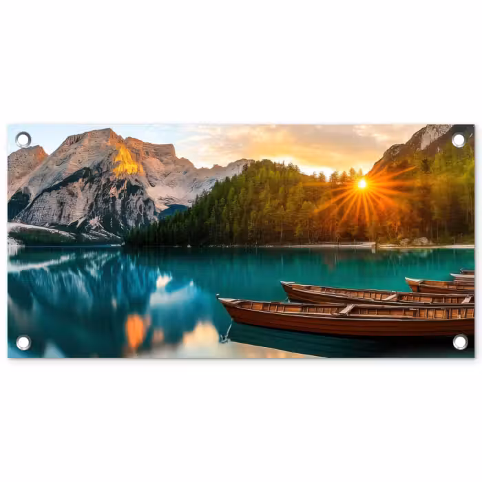Tuinposter - Meer - Bergen - Zonsondergang - Boot