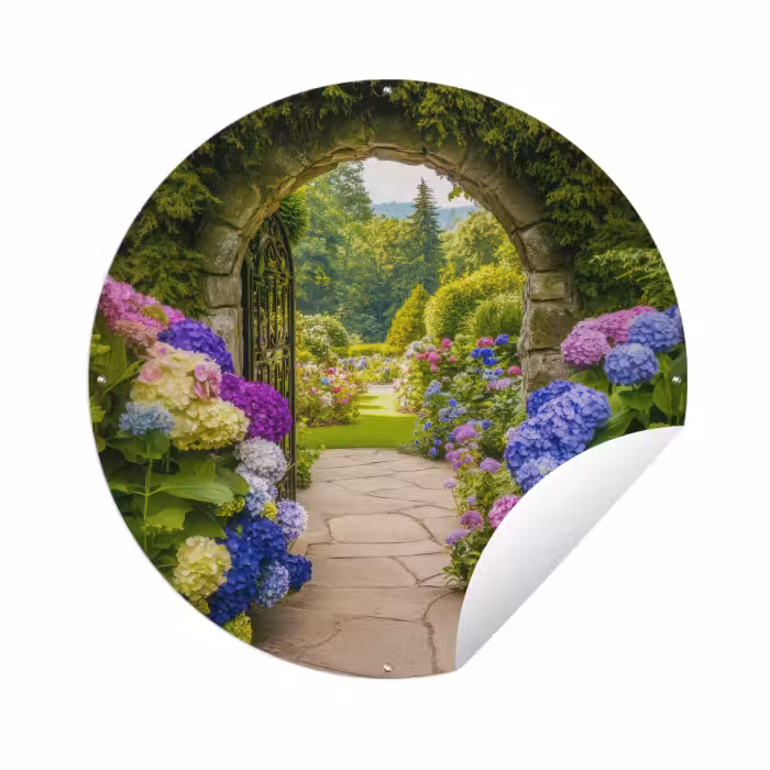 Tuinposter - Doorkijk - Poort - Hortensia - Bloementuin