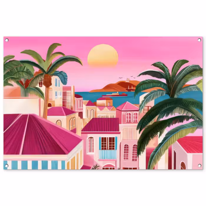 Tuinposter - Stad - Roze - Palmbomen