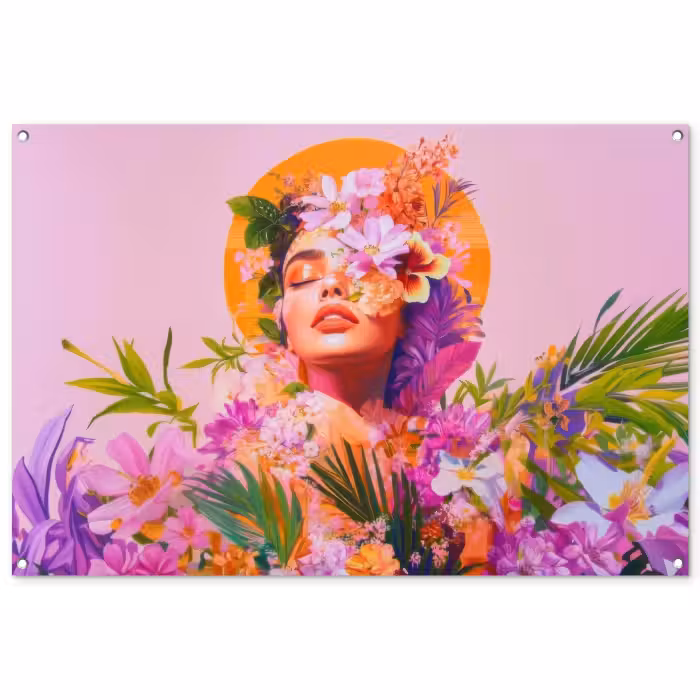 Tuinposter - Vrouw - Abstract - Cirkel - Bloemen