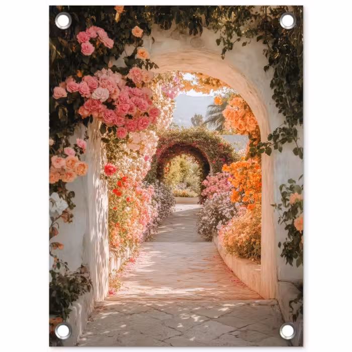 Tuinposter - Doorkijk - Boog - Bloemen - Pastel