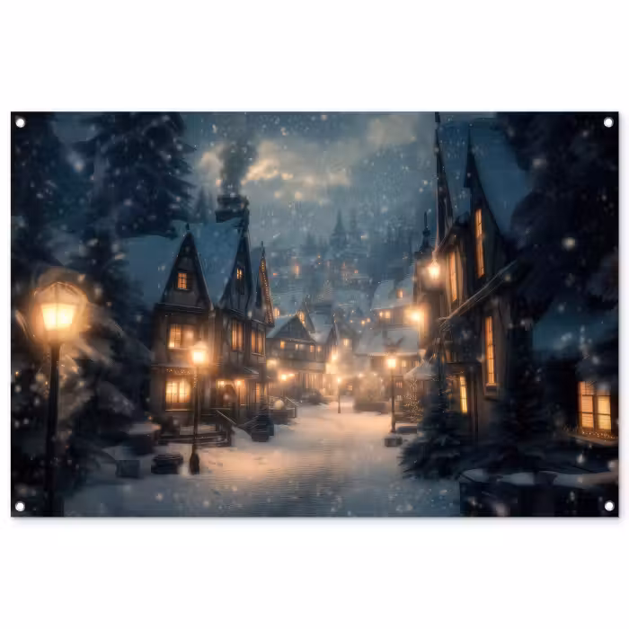 Tuinposter - Winterdorp - Sneeuw - Donker