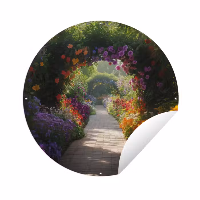 Tuinposter - Doorkijk - Pad - Bloemen - Struik - Kleurrijk
