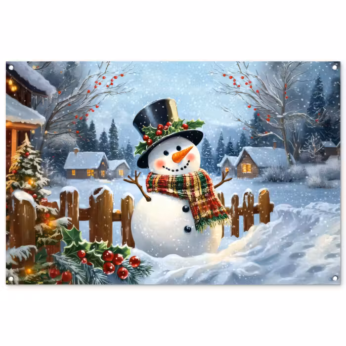 Tuinposter - Sneeuwpop - Winterdorp - Kleurrijk