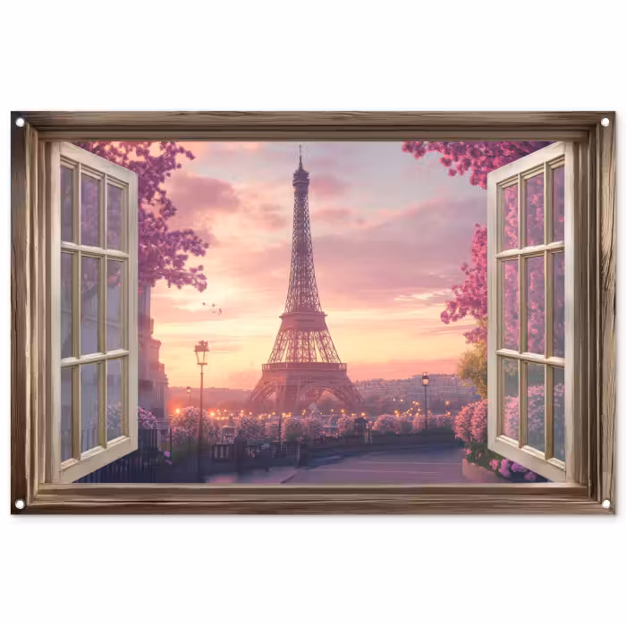 Tuinposter - Doorkijk - Parijs - Eiffeltoren - Roze - Kersenbloesem
