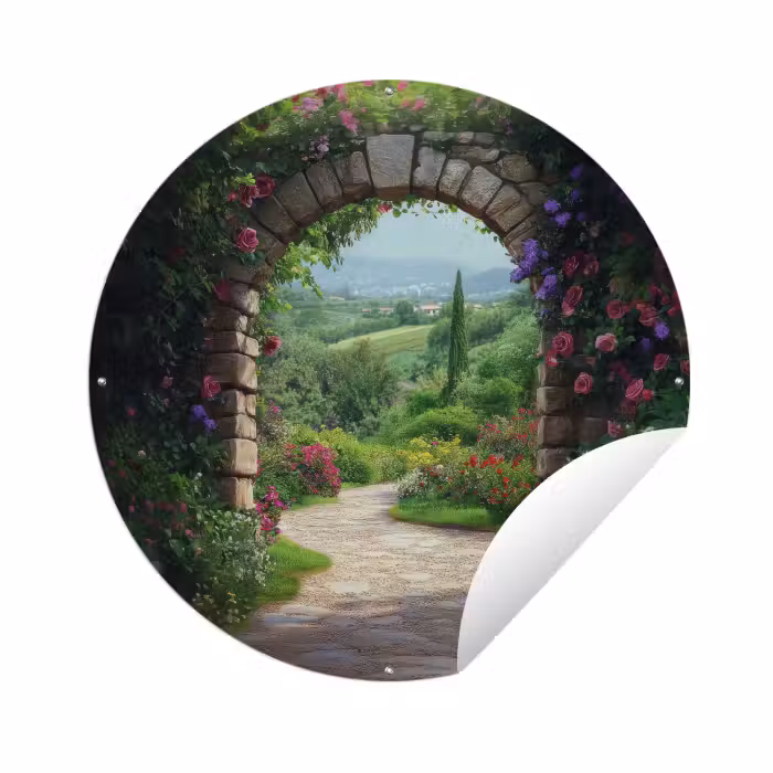 Tuinposter - Doorkijk - Landschap - Bloemen - Pad - Uitzicht