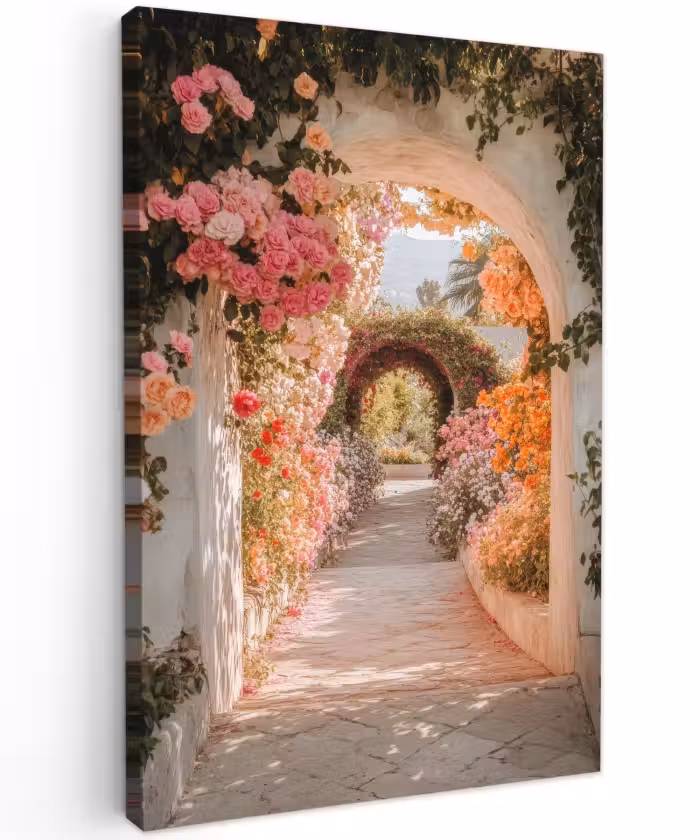 Buiten canvas - Doorkijk - Boog - Bloemen - Pastel