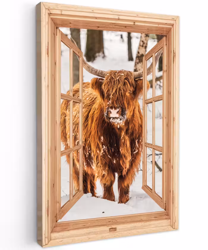 Buiten canvas - Schotse Hooglander - Winter - Landschap - Natuur - Dieren - Doorkijk