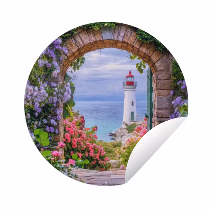 Tuinposter - Doorkijk - Vuurtoren - Bloemen - Uitzicht