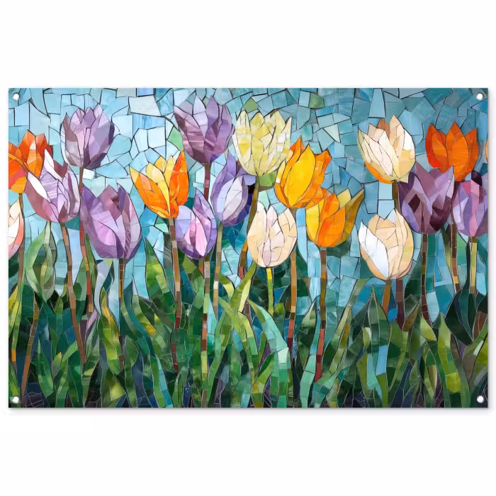 Tuinposter - Mozaïek - Veld - Tulpen - Kleurrijk