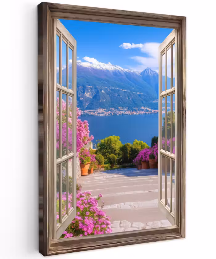 Buiten canvas - Doorkijk - Berg - Landschap - Uitzicht - Meer