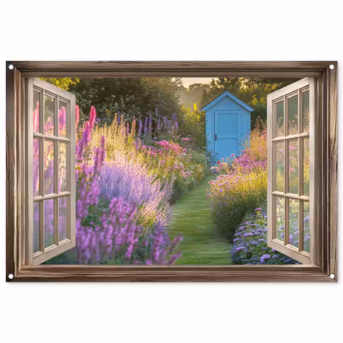Tuinposter - Doorkijk - Bloemen - Raam - Natuur