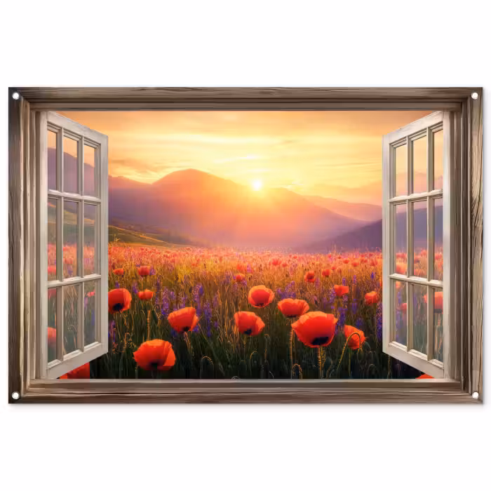 Tuinposter - Doorkijk - Klaprozen - Bloemen - Rood - Open raam
