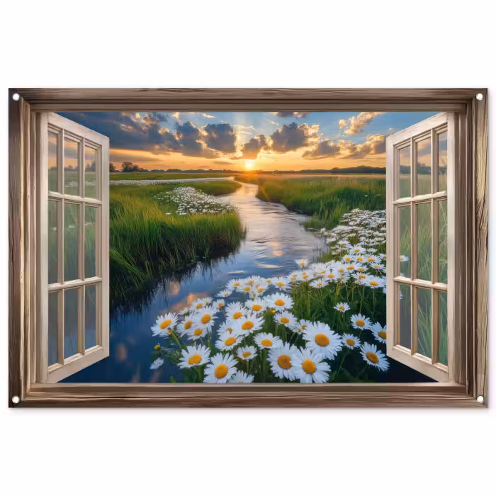 Tuinposter - Doorkijk - Landschap - Raam - Water - Zonsondergang