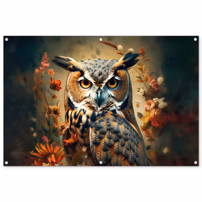 Tuinposter - Uil - Vogel - Bloemen - Planten - Botanisch
