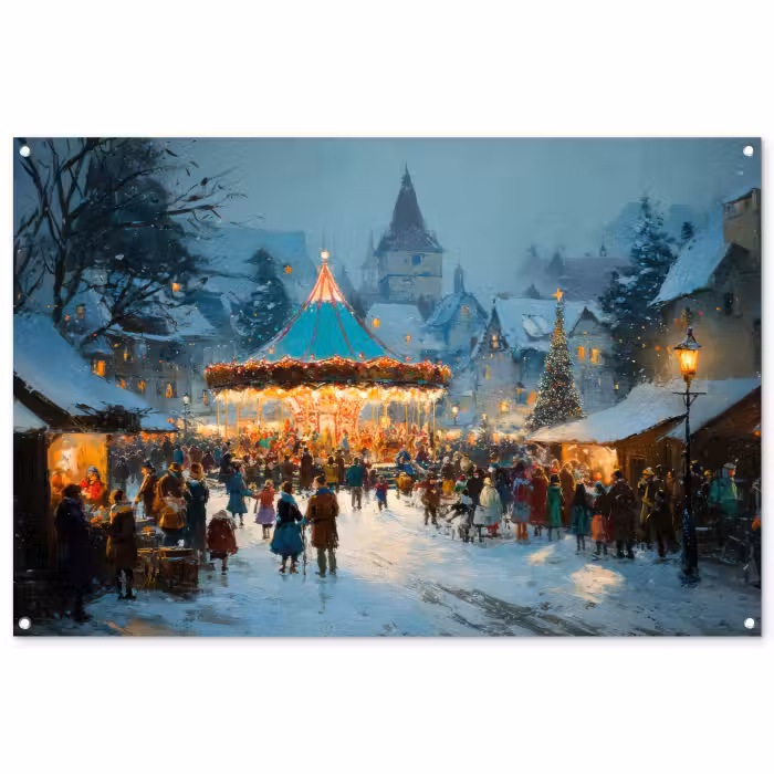 Tuinposter - Winterkermis - Dorp - Kleurrijk