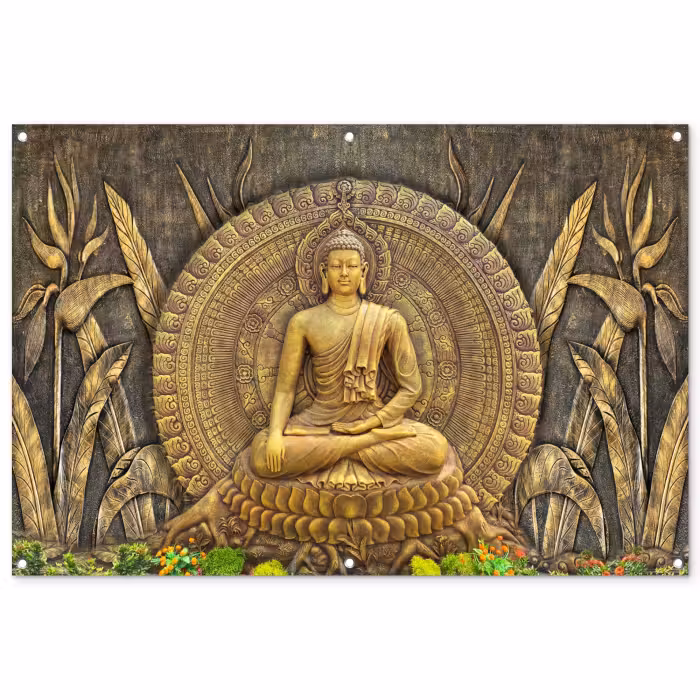 Tuinposter - Goud - Boeddha beeld - Spiritueel - Meditatie