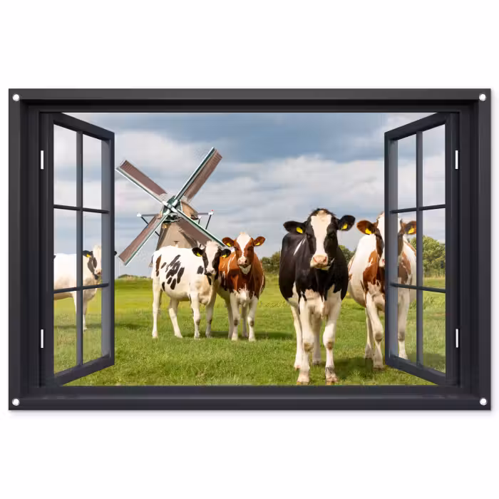 Tuinposter - Doorkijk - Koe - Molen - Koeien - Weiland - Gras - Groen