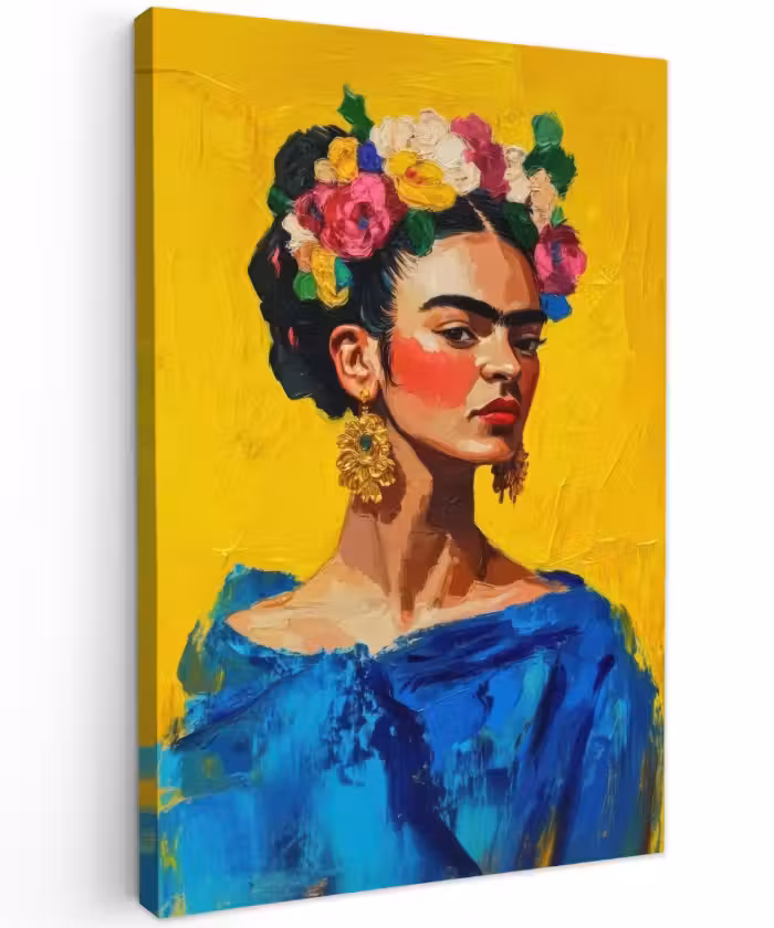 Buiten canvas - Frida Kahlo - Vrouw - Geel - Blauw - Bloemen