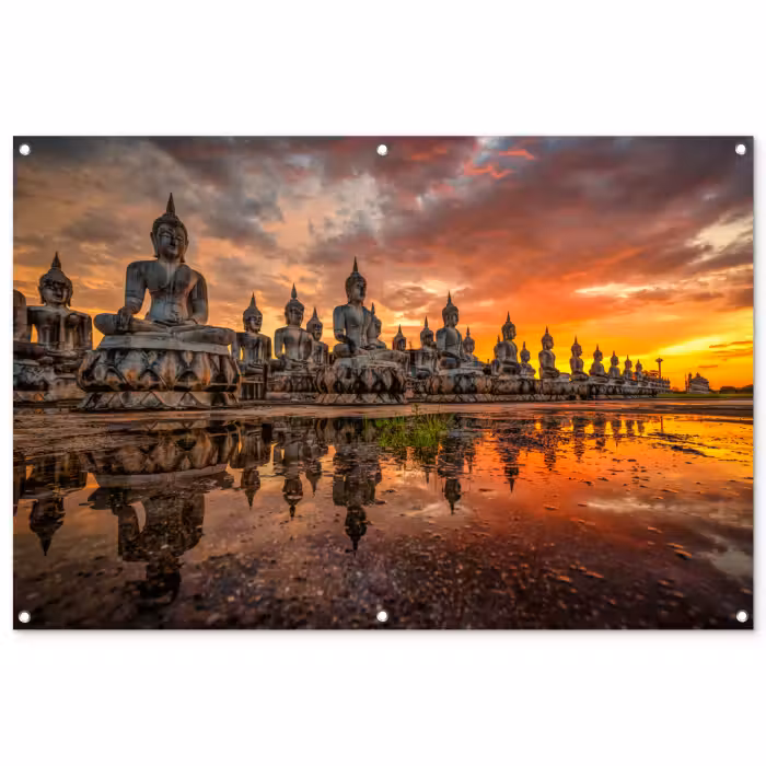 Tuinposter - Boeddha beelden - Zonsondergang - Water - Boeddhisme