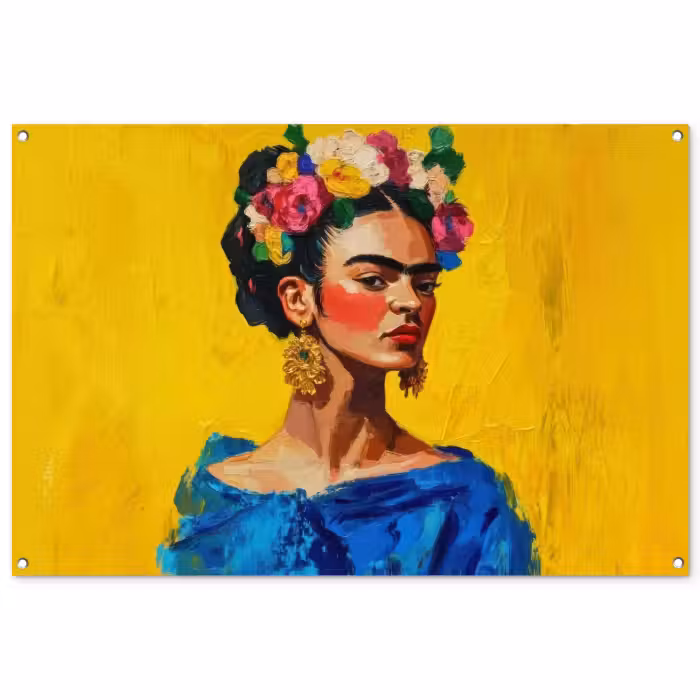 Tuinposter - Frida Kahlo - Vrouw - Geel - Blauw - Bloemen