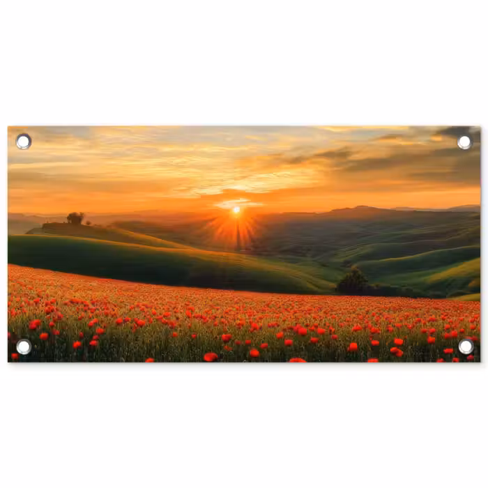 Tuinposter - Klaprozen - Bloemen - Heuvels - Zonsondergang
