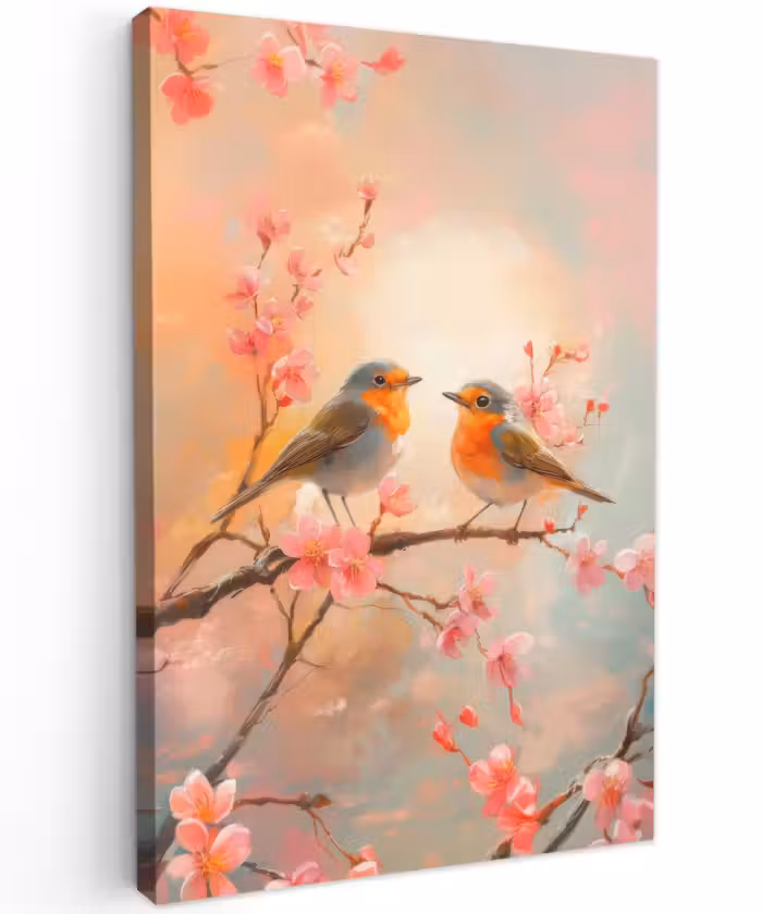 Buiten canvas - Roodborstjes - Sierlijk - Bloesemtak