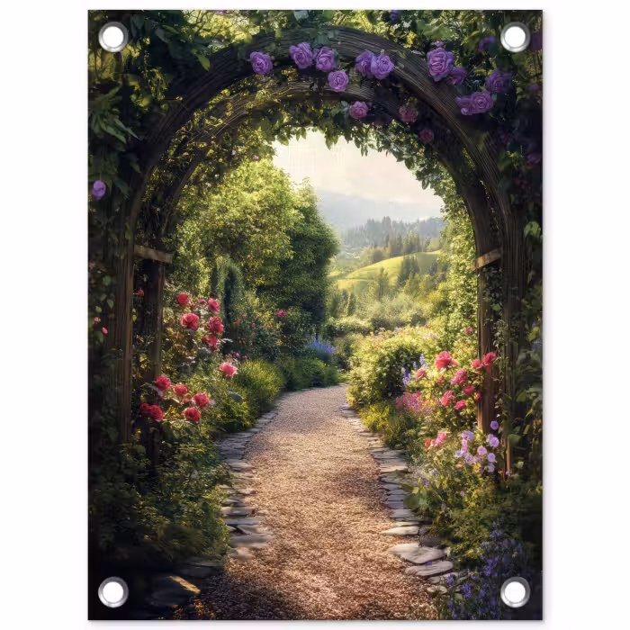 Tuinposter - Doorkijk - Landschap - Bloemen - Tuinboog - Natuur