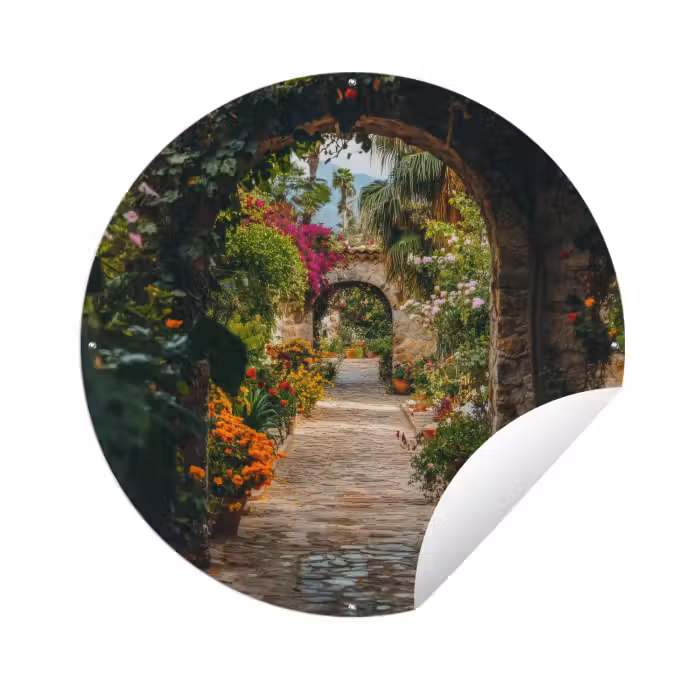 Tuinposter - Doorkijk - Bloemen - Poort - Stenen