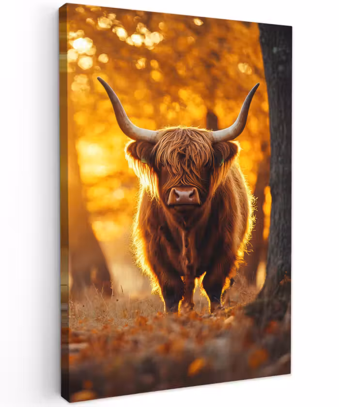 Buiten canvas - Schotse hooglander - Bos - Herfst - Dieren - Natuur - Bladeren