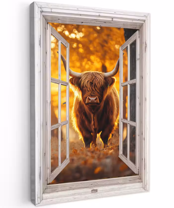 Buiten canvas - Schotse hooglander - Bos - Herfst - Dieren - Natuur - Bladeren - Doorkijk
