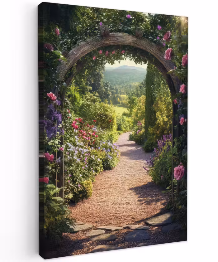 Buiten canvas - Doorkijk - Bloemen - Natuur - Rozenboog
