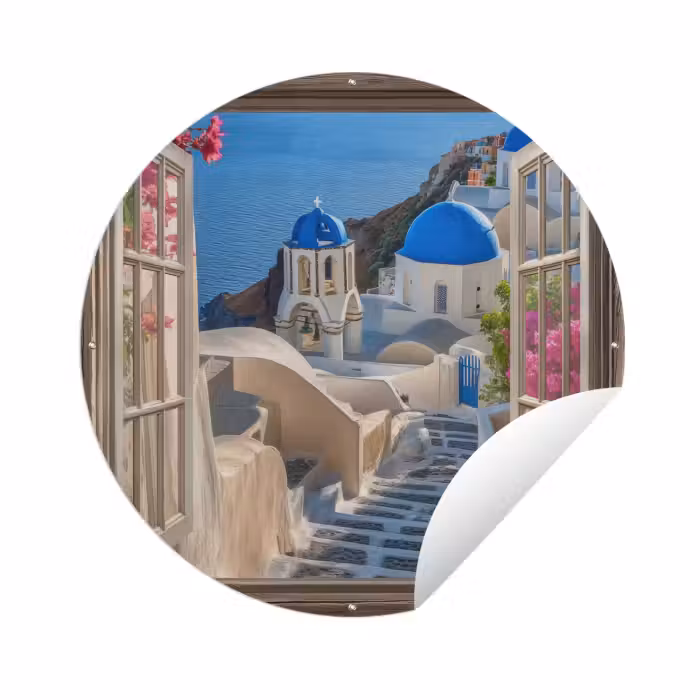 Tuinposter - Doorkijk - Santorini - Landschap - Blauw - Grieks