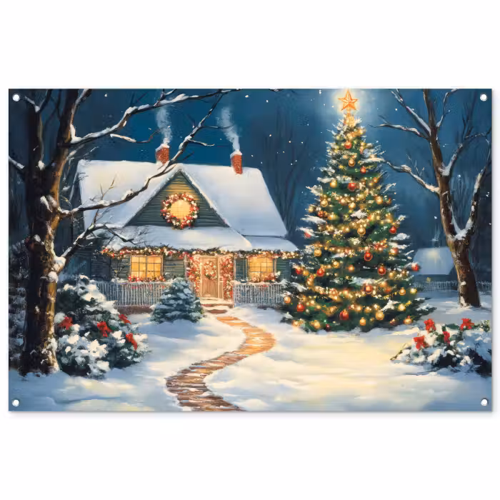 Tuinposter - Kerst - Kerstboom - Winter - Huis - Sneeuw
