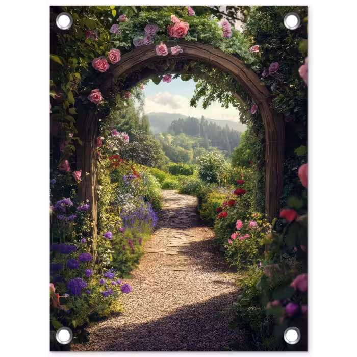 Tuinposter - Doorkijk - Landschap - Bloemen - Rozenboog - Natuur
