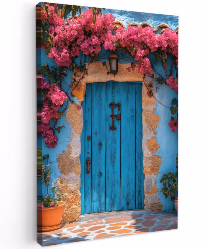 Buiten canvas - Deur - Hout - Bloemen - Blauw