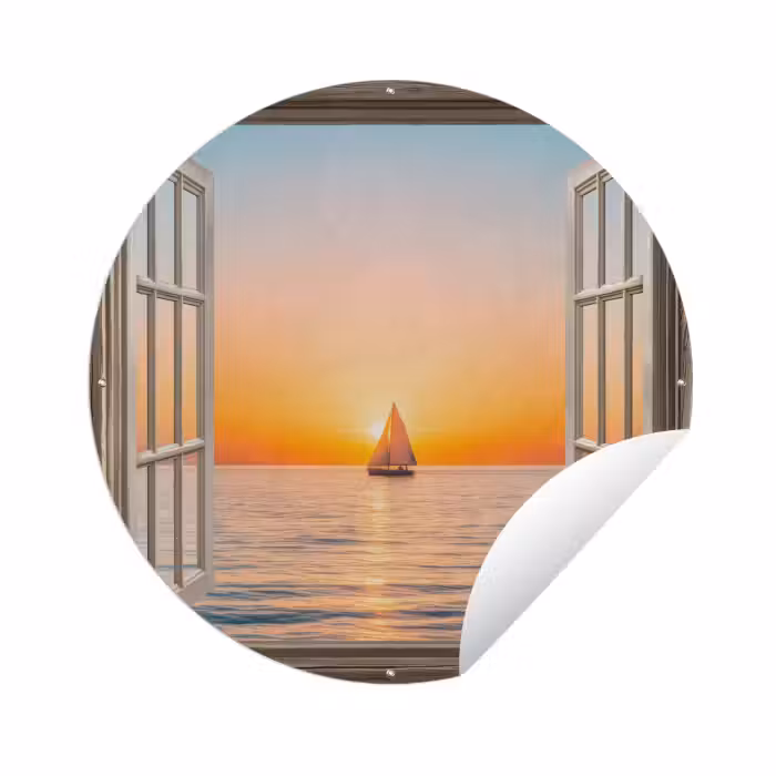 Tuinposter - Doorkijk - Zee - Boot - Zonsondergang